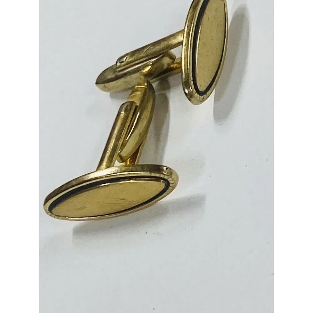 Vintage Gold Plated Oval Cufflinks Black Accent Classic Mens Retro Set